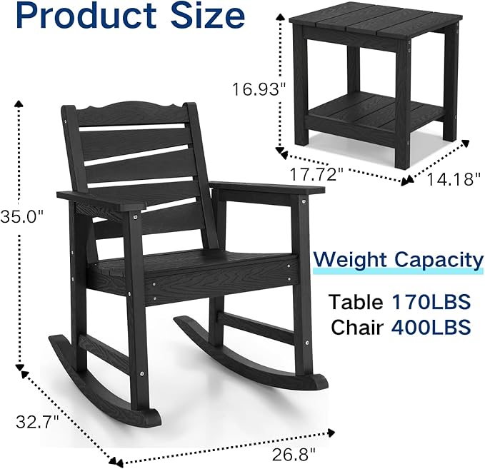 3-Piece Patio Rocking Chairs Set, Weatherproof HIPS Outdoor Rocking Chair for Adults, 400LBS Support Rocking Chairs with Table for Garden, Porch, Backyard and Indoor, Black