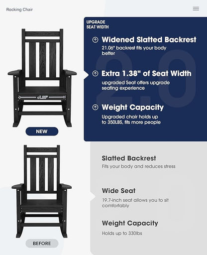 KINGYES Oversized Outdoor Rocking Chair Set of 6, All-Weather Patio Rocking Chairs for Porch, HDPE Outdoor Patio Rockers with High Back & Wide Seat for Garden, Lawn, Black