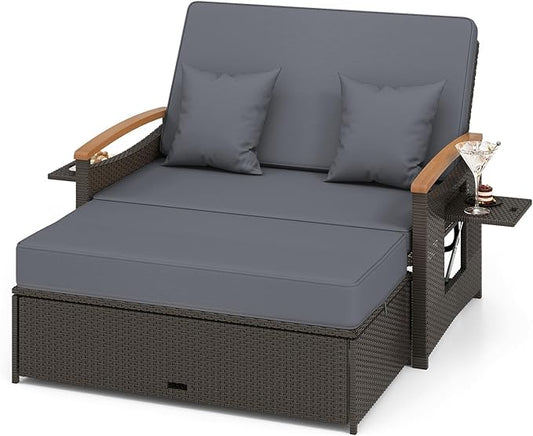 LDAILY Moccha Outdoor Wicker Daybed, Patio Rattan Loveseat Sofa w/ 4-Level Adjustable Backrest, Folding Panels, Storage Ottoman & Cushions, Lounge Furniture Set for Poolside Backyard Porch (Grey)