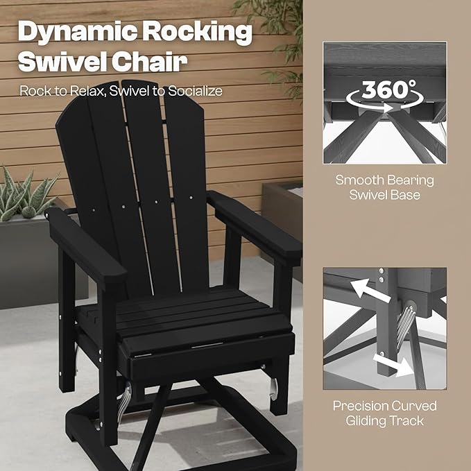 Kingdura Adirondack Swivel Glider Chair, HDPE Patio Glider Rocking Chair for Outdoor, All-Weather Glider Chair for Porch Balcony Lawn Poolside, 450LBS Capacity (Black)
