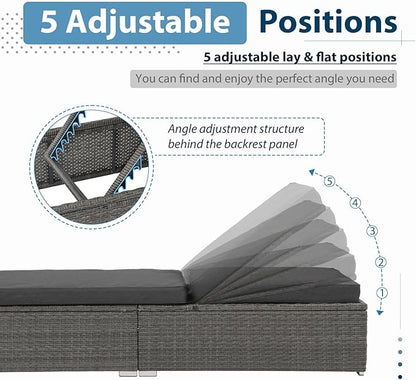 JOIVI Outdoor Chaise Lounge Chair, Patio Pool Lounge Chairs for Outside, Rattan Reclining Chaise Lounger with Adjustable Backrest and Removable Dark Gray Cushion, Gray PE Wicker