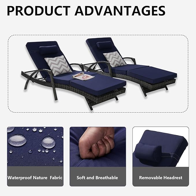 Outdoor Lounge Chairs Set of 2,Wicker Chaise Lounge Chair Pool Chaise Lounge,Patio Lounge Chair with Adjustable Backrest Arm Cushion for Poolside