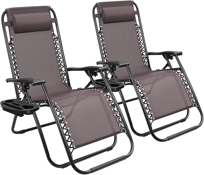 Devoko Patio Zero Gravity Chair Outdoor Folding Adjustable Reclining Chairs Pool Side Using Lawn Lounge Chair with Pillow Set of 2 (Brown)