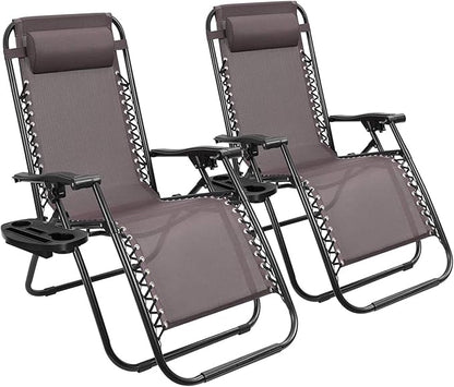 Devoko Patio Zero Gravity Chair Outdoor Folding Adjustable Reclining Chairs Pool Side Using Lawn Lounge Chair with Pillow Set of 2 (Brown)