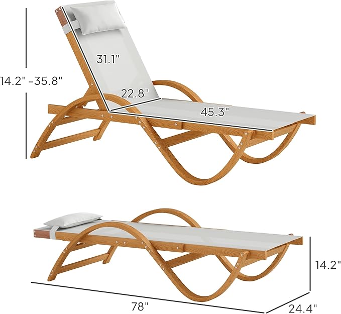 Outsunny Larch Wood Lounge Chair, 4-Level Adjustable Tanning Chair, Full Flat Patio Lounger with Mesh Seat - Photo 3