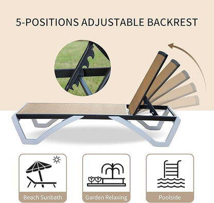 Domi Outdoor Chaise Lounge, Adjustable Aluminum Patio Lounge, Plastic Pool Lounge Chair for Deck Lawn Backyard (1 Brown Chair W/O Table)