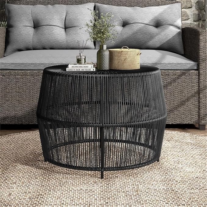 Round Outdoor Coffee Table, 21.7" W x 15.8" H, PE Wicker Rattan, Black Finish, Metal Frame, Lightweight Coastal Style - Photo 2