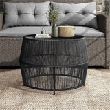 Round Outdoor Coffee Table, 21.7" W x 15.8" H, PE Wicker Rattan, Black Finish, Metal Frame, Lightweight Coastal Style - Photo 2
