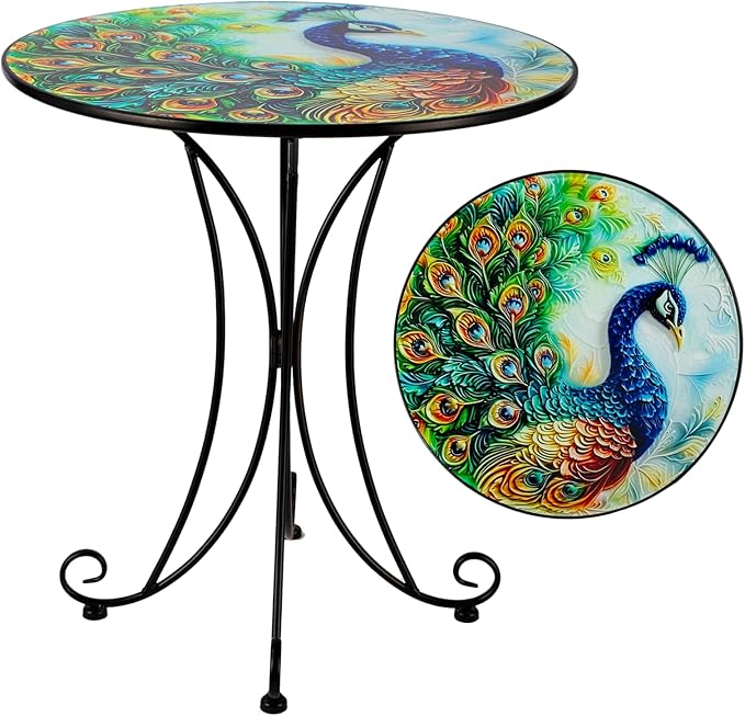 18 Inch Outdoor Side Table, Peacock Metal Accent Table, Indoor Small Round End Tables - Photo 1