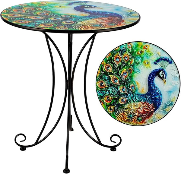 18 Inch Outdoor Side Table, Peacock Metal Accent Table, Indoor Small Round End Tables - Photo 1