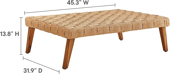 Modway Thames Wicker Rattan Outdoor Coffee Table in Natural - Low-Profile Rectangle Patio Table - Weather Resistant Outdoor Wicker Coffee Table with Acacia Wood Legs for Deck, Pool, Balcony, Garden