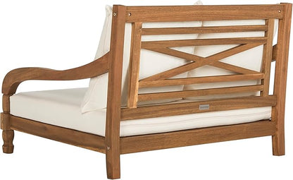 SAFAVIEH Outdoor Collection Pomona Natural Solid Wood/Beige Lounger Bench Sofa Loveseat (PAT6740A)