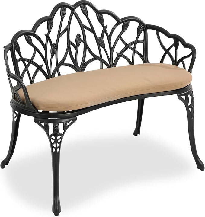 HOMEFUN Outdoor Patio Bench, Garden Benches with Cushion All-Weather Cast Aluminum Extra Loveseat for Lawn Front Porch Path Yard Decor Deck Furniture Black