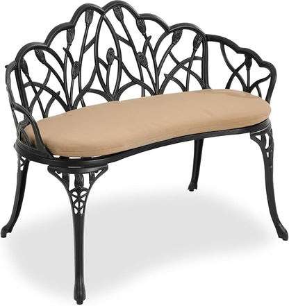 HOMEFUN Outdoor Patio Bench, Garden Benches with Cushion All-Weather Cast Aluminum Extra Loveseat for Lawn Front Porch Path Yard Decor Deck Furniture Black