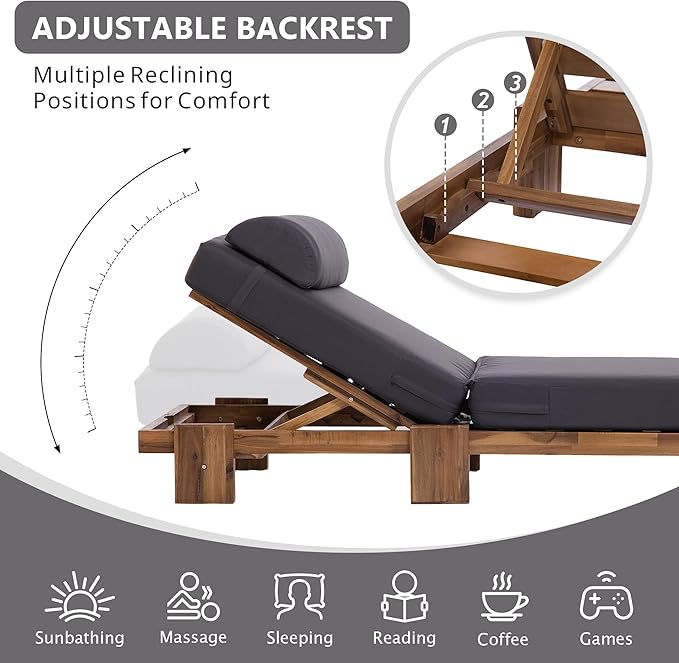 LUMISOL 2-Piece Outdoor Chaise Lounge Chair Set, 78.8” Acacia Wood Adjustable Recliners with Headrest & Retractable Side Tray for Poolside, Garden, Bench, Coffee Table Not Include, Dark Grey