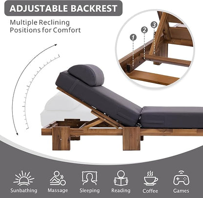 Merax 4 Piece 78.8'' Outdoor Patio Chaise Lounge Chair, Acacia Wood Adjustable Recliner with Headrest and Retractable Side Tray, Perfect for Terrace, Poolside, Garden, and Beach, Dark Gray