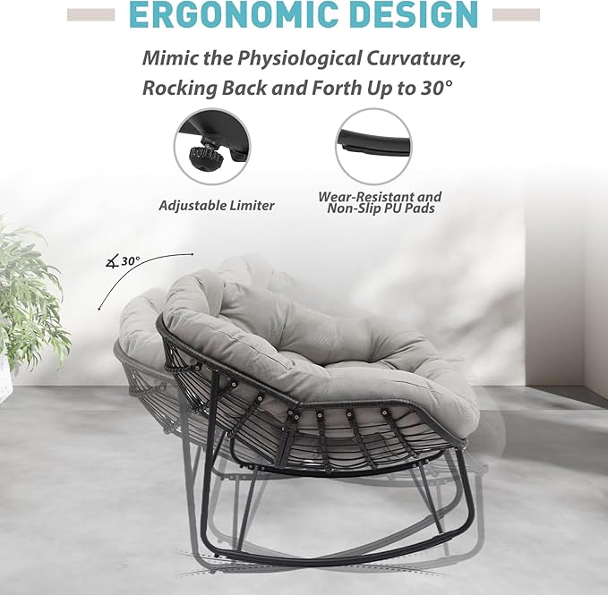 Indoor & Outdoor Rocking Chairs Set of 2, Oversized Rattan Royal Rocking Chair with Padded Cushion, Rocker Egg Chair for Living Room, Patio, Front Porch, Backyard, Grey