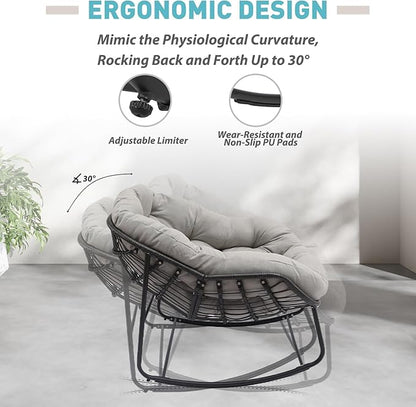Indoor & Outdoor Rocking Chairs Set of 2, Oversized Rattan Royal Rocking Chair with Padded Cushion, Rocker Egg Chair for Living Room, Patio, Front Porch, Backyard, Grey
