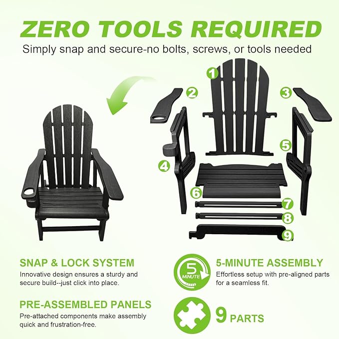 Adirondack Chair, HDPE Plastic Adirondack Chairs for All Weather，Fire Pit Chair, Patio Chairs with 1 Cup Holder, Outdoor Lawn Chairs for Poolside,Backyard, Deck,Patio Garden, Black