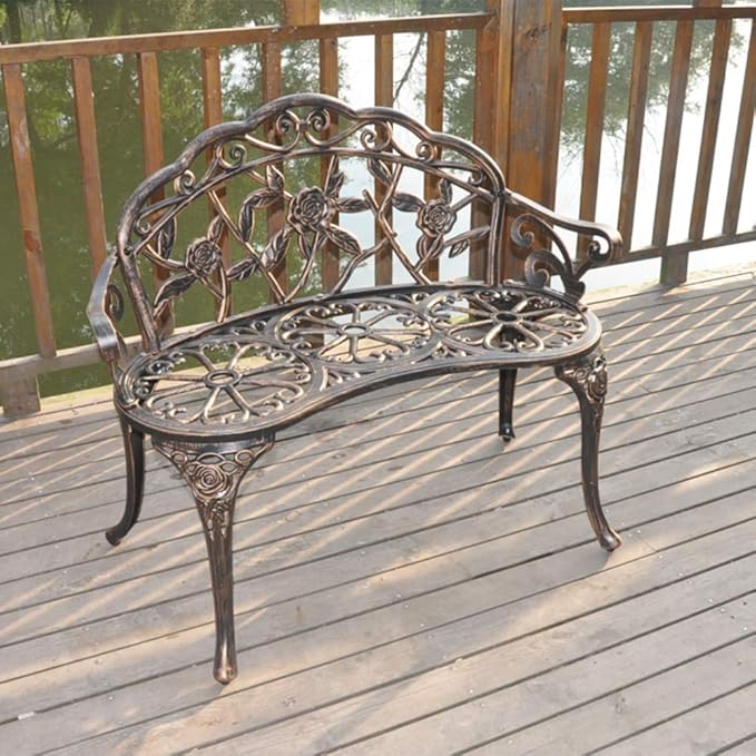 Patio Park Metal Bench Outdoor Garden Bench Romantic Rose Bronze Porch Chair, Antique Finish Carving Design Outside Patio Furniture Bronze Park Bench for Park Yard Lawn Deck