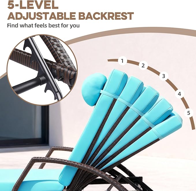Patio Chaise Lounge Chairs Set of 2 Wicker Pool Lounge Chairs Outdoor with 5 Adjustable Back & Removable Cushion & Tray Tanning Chair Sun Loungers for Patio Poolside Deck Beach