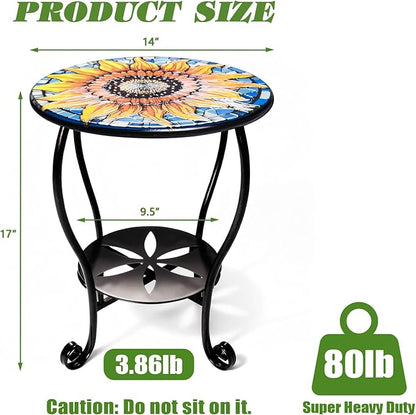 Outdoor Side Table Mosaic Patio Small End Table Metal Coffee Tea Accent Table for Patio Living Room Bedroom Yard Porch Garden (Yellow Sunflowers)