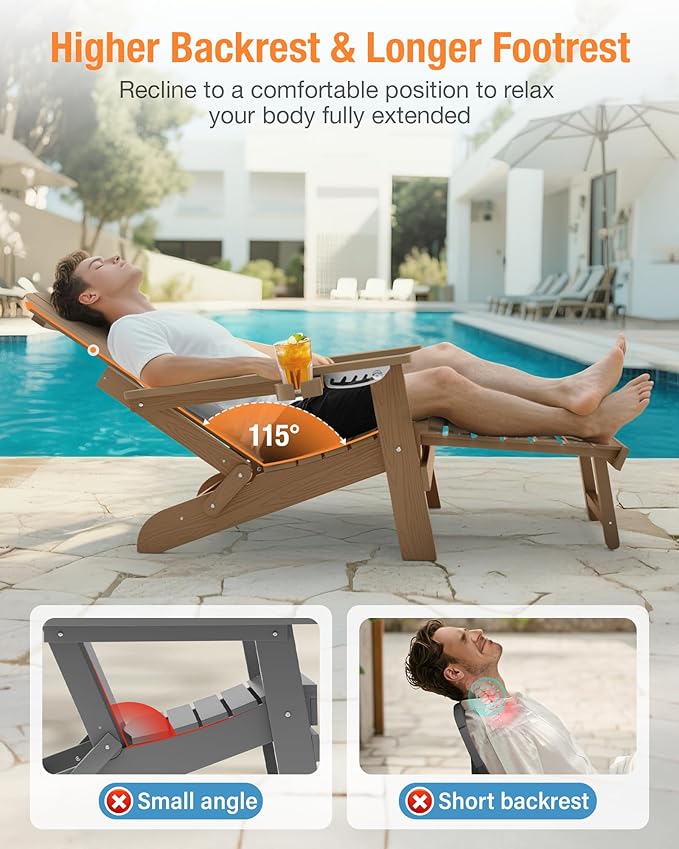 YEFU Adjustable Adirondack Chair with Footrest Set of 4, 5-Level Adjustable Adirondack Chair with Retractable Ottoman& 2 Cup Holder, Folding Adirondacks Chairs Use for Outdoor, Pool, Fire Pit (Teak)