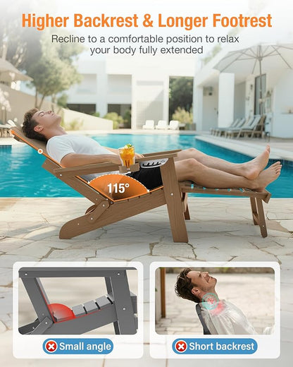 YEFU Adirondack Chair with Retractable Ottoman: Folding Adirondack Chairs Set of 2-5-Level Adjustable Backrest with Footrest - Fire Pit Chairs - 2 Cup Holder - Outdoor Plastic Chair for Patio(Teak)