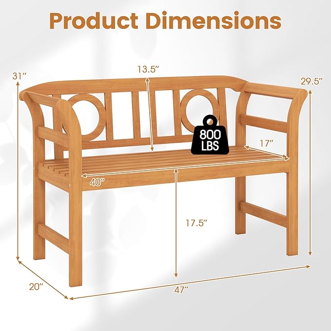 RELAX4LIFE Acacia Wood Outdoor Bench - 2 Person Patio Loveseat with Backrest and Armrests, 47 inch Garden Bench for Porch, Backyard, Poolside and Lawn, 800 lbs Weight Capacity