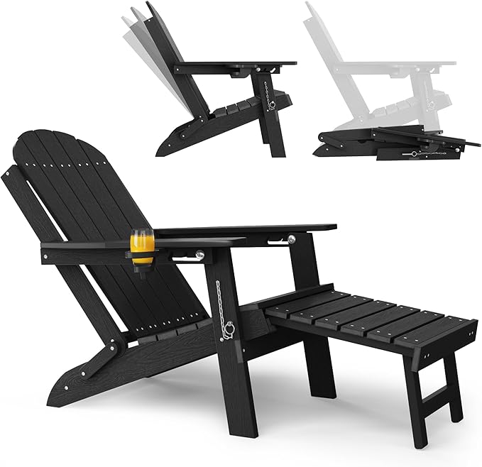 YEFU Folding Adirondack Chairs with Ottoman: Adjustable Backrest & 1 Cup Holders - HDEP Plastic Multifunctional Adirondack Chair with Footrest - All Weather for Outdoor/Patio/Fire Pit/Pool(Black)