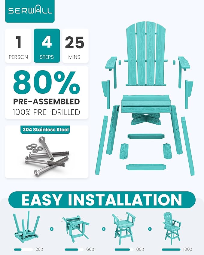 SERWALL Swivel Adirondack Barstools Set of 2, HDPE Outdoor Swivel Bar Chairs Set of 2 for Patio, Poolside, Garden, Aruba - Photo 6