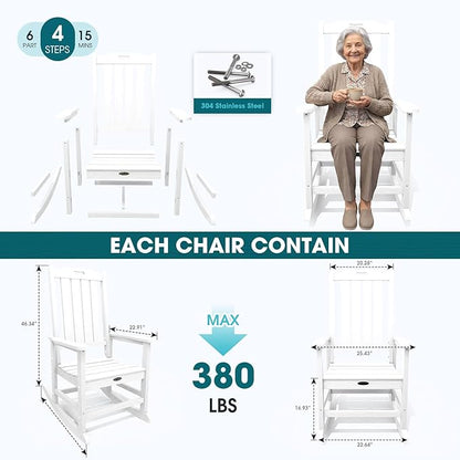Oversized Rocking Chair Set of 4, Outdoor Rocking Chair for Adults, All Weather Resistant Porch Rocker for Lawn Garden, White