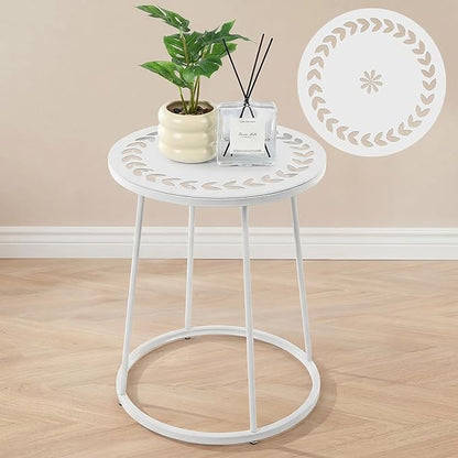 Outdoor Side Table with Flower Cut Outs 14" Weather Resistant Metal Patio Side Tables Small Plant Stand Round Outdoor End Table for Patio Outside Porch Balconies Garden(White,Simple)