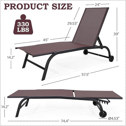 EROMMY Patio Chaise Lounge Chair Set of 2 with Wheels, Oversized 26" W Outdoor Lounge Chairs with Adjustable Backrest, Waterproof Poolside Lounge Chairs