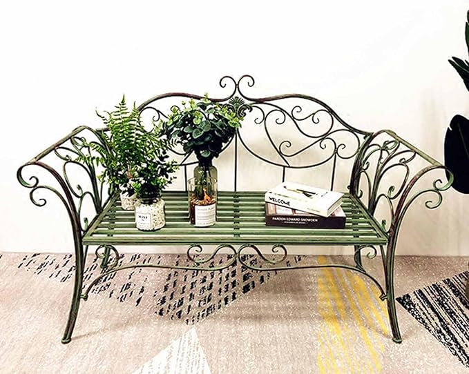 SYUFRE Outdoor Garden Bench Patio Furniture Chair Park Bench with Flower Pattern Backrest, Slatted Seat, Metal Bench Outdoor for Outdoor Porch, Lawn, Balcony, Backyard (Color : Dark Green)