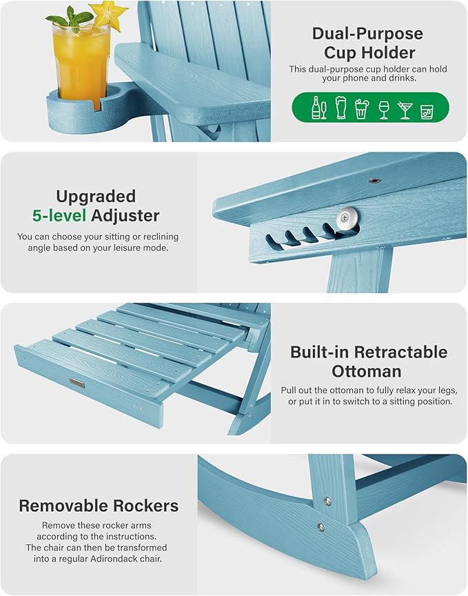 YEFU Adirondack Rocking Chairs Set of 2 : Oversize Adirondack Chair with Retractable Ottoman- 5-Level Adjustable High Back - Outdoor Rocker with Cup Holder for Porch/Garden/Lawn/Patio/Backyard/Blue