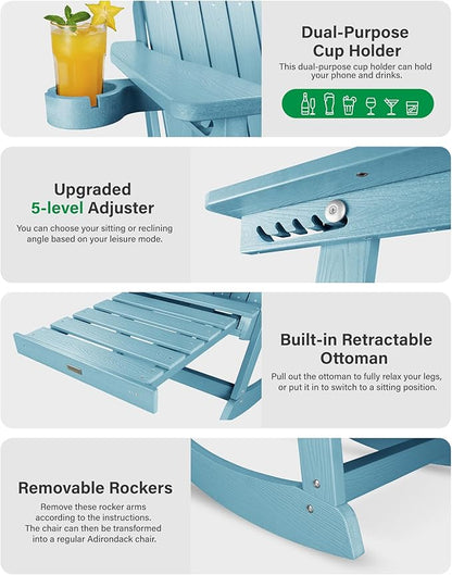YEFU Adirondack Rocking Chairs Set of 2 : Oversize Adirondack Chair with Retractable Ottoman- 5-Level Adjustable High Back - Outdoor Rocker with Cup Holder for Porch/Garden/Lawn/Patio/Backyard/Blue
