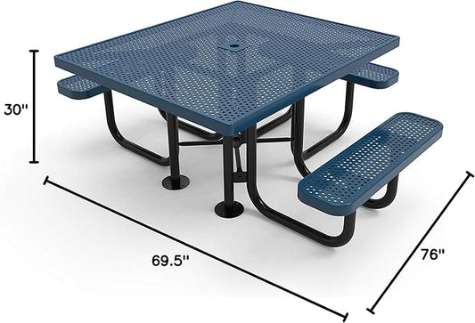 COATEDOUTDOORFURNITURE Heavy-Duty Portable ADA-Compliant Outdoor Picnic Table with Umbrella Hole, Punched Steel Patio Dining Furniture Made in America (46" Square Top, Light Blue)