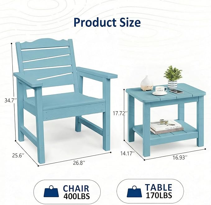 Patio Chairs Set, 3 Pieces Weatherproof HIPS Outdoor Furniture - Photo 3