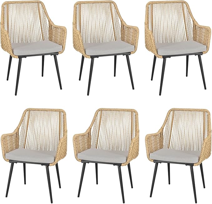 Patio Dining Chairs, Outdoor Dining Chairs with Armrest and Cushion Set of 6, Woven Twisted Wicker Rattan Chair, Modern Indoor Outdoor Seating for Garden, Lawn, Backyard, Natural