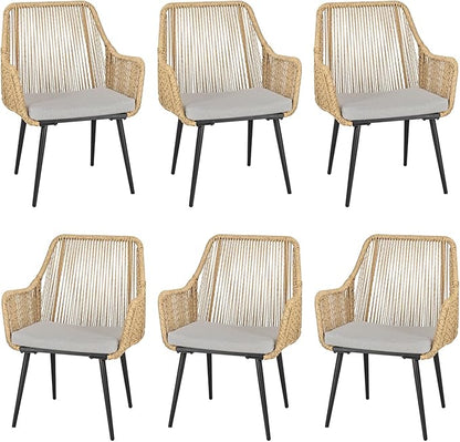 Patio Dining Chairs, Outdoor Dining Chairs with Armrest and Cushion Set of 6, Woven Twisted Wicker Rattan Chair, Modern Indoor Outdoor Seating for Garden, Lawn, Backyard, Natural