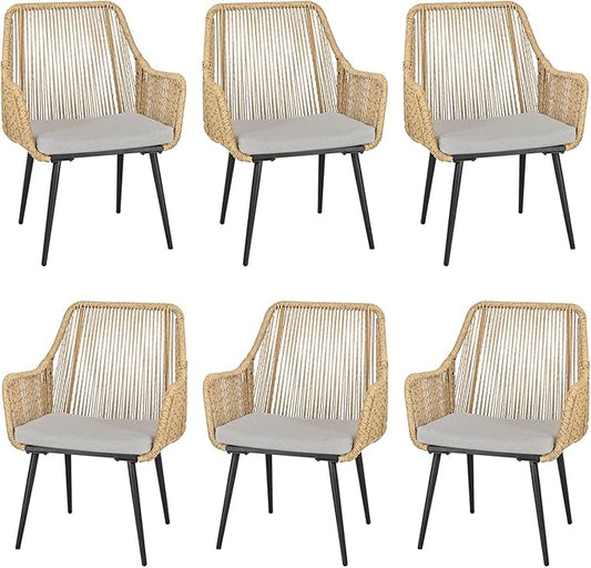 Patio Dining Chairs, Outdoor Dining Chairs with Armrest and Cushion Set of 6, Woven Twisted Wicker Rattan Chair, Modern Indoor Outdoor Seating for Garden, Lawn, Backyard, Natural