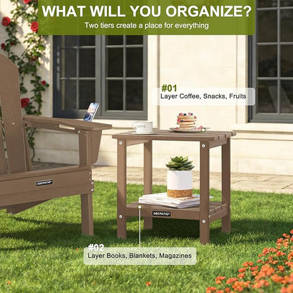 Outdoor Side Table HDPE Small Outdoor End Table Patio Side Tables Square for Backyard Pool Porch Balcony Double Layer Storage, Brown (Wood Grain Finish)