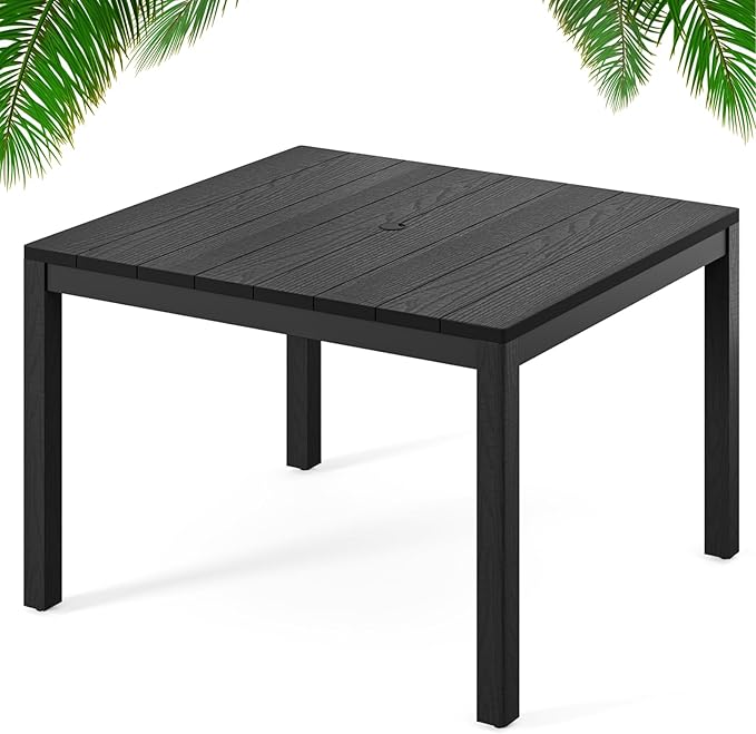 Outdoor Dining Table, Weatherproof 34" Square HIPS Patio Dining Table for 4, with 2" Umbrella Hole, Outdoor Table for Backyard Deck Poolside, Black