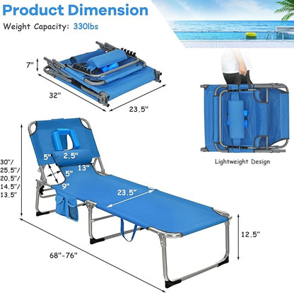 GYMAX Tanning Chair, Folding Beach Lounger with Face Arm Hole, Adjustable Backrest, Side Pocket, Pillow & Carry Handle, Outside Sunbathing Lounge Chair for Patio, Poolside, Lawn (1, Navy)