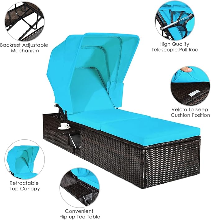COSTWAY Patio Rattan Lounge Chair Chaise Cushioned Top Canopy Adjustable Turquoise - Photo 9