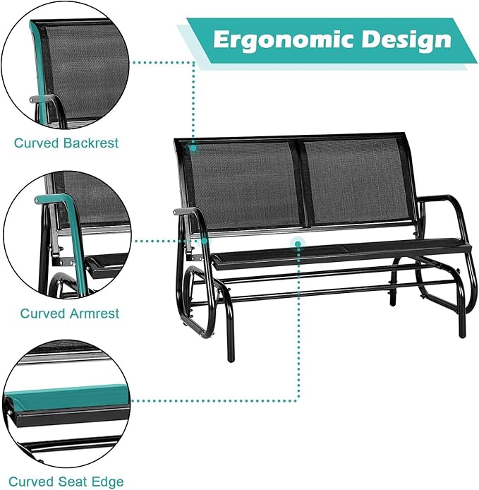 Esright Outdoor Glider Bench for 2 Person Outside Patio Gliders Loveseat Porch Glider Swing with Powder Coated Steel Frame for Backyard, Garden, Balcony (Black)