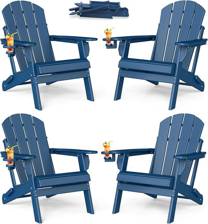 BRIOPAWS Folding-Adirondack-Chairs Set of 4 | HDPE | Fire Pit Chair | Cup Holder | Weather Resistance | Blue | for Outdoor Backyard Deck Patio