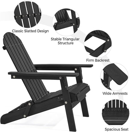Yaheetech Folding Adirondack Chair Set of 1 Outdoor, 300LBS Solid Wood Garden Chair Weather Resistant, Fire Pit Lounge Chairs for Garden/Yard/Patio/Lawn, Black