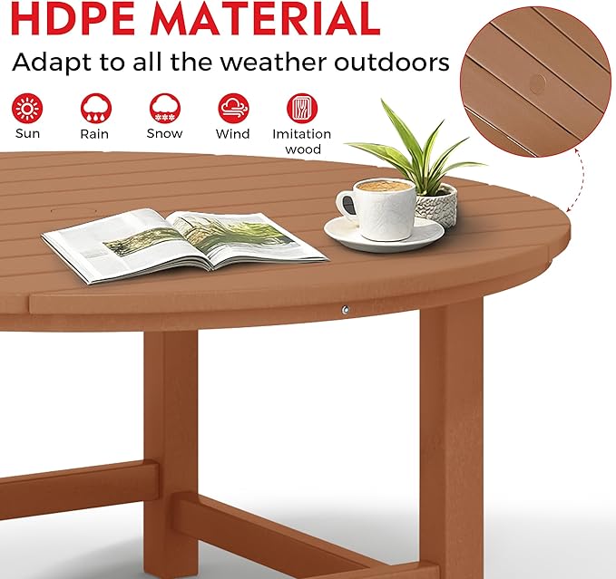 Costaelm Patio Conversation Table, Tatio Accent HDPE Outdoor Weather Resistant, Round Outdoor Porch Balcony Patio Drink Table for Outside, Pool, Backyard, Teak